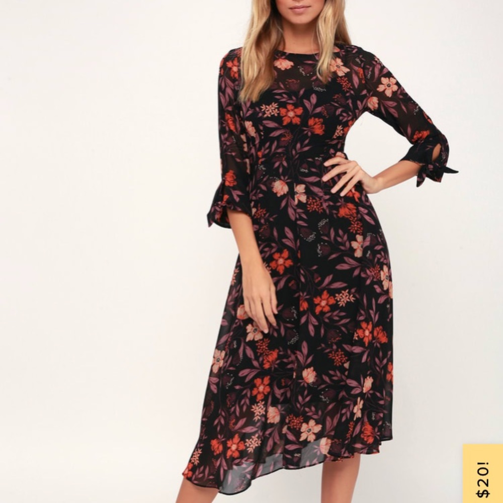 Lulu’s Passionate Love Black Floral Midi Dress